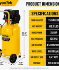 15 Gallon Air Compressor With 2 HP Twin Cylinder Vertical Tank 4.5 CFM At 90 PSI specifications chart