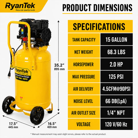 15 Gallon Air Compressor With 2 HP Twin Cylinder Vertical Tank 4.5 CFM At 90 PSI specifications chart