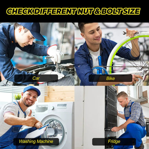 Four images showing Nut and Bolt Thread Gauge Set With 14 Inch And 12 Metric Sizes For Quick Detection in various applications.