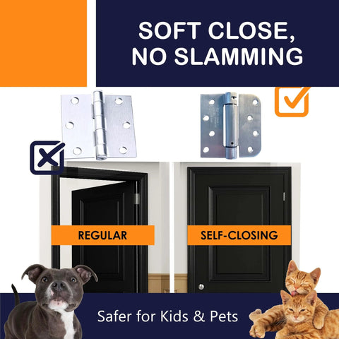 Comparison of self-closing spring loaded door hinge and regular hinge for safety, featuring dog and cats, promoting soft close.