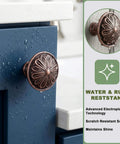 Antique Copper Kitchen Cabinet Knobs Set for 1.4 Inch Cabinets on blue drawer, featuring solid zinc alloy material with vintage design, rust resistant hardware by DWYL and LWYD.
