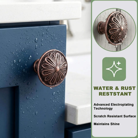 Antique Copper Kitchen Cabinet Knobs Set for 1.4 Inch Cabinets on blue drawer, featuring solid zinc alloy material with vintage design, rust resistant hardware by DWYL and LWYD.