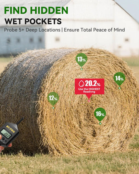 Hardcore Hay Moisture Meter With 20 Inch Reinforced Probe, Digital Temperature Readout For Alfalfa And Bales, Pro Grade Carry Bag Included, Works On Square And Round Hay Bales, Keeps Your Harvest Fresh And Storage Safe showing round hay bale moisture spots