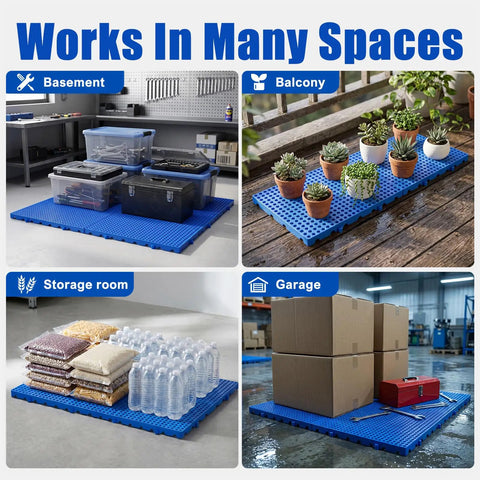 Lightweight Nestable Plastic Pallet Grid Pad for floor storage in balcony garage and basement rooms with ventilated open mesh surface, four pack shown with varied uses.