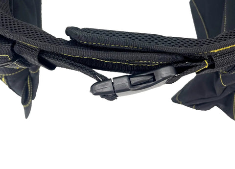 Close-up of black 18 Pocket Heavy Duty Contractor Tool Belt Pouch With Cushioned Padding, showing quick release buckle detail.