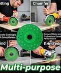 Four And A Half Inch Diamond Tile Cutter Blade For Angle Grinder Porcelain Ceramic Glass Marble And Wine Bottles Cutting Disc Seven Eighths Inch Arbor Ten Piece Set Beefy Performance With Porous Cooling To Reduce Heat Noise And Dust shown cutting and grinding wood with green blade