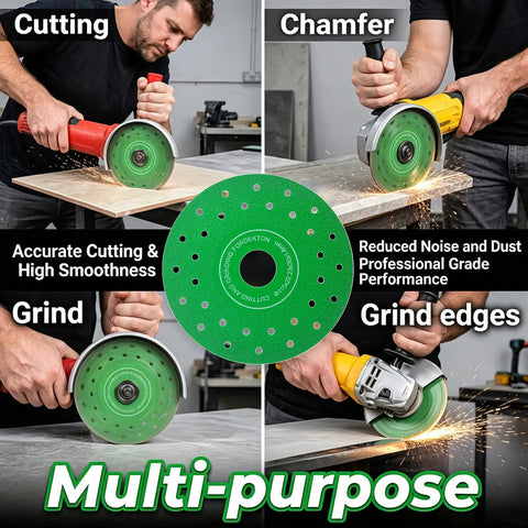 Four And A Half Inch Diamond Tile Cutter Blade For Angle Grinder Porcelain Ceramic Glass Marble And Wine Bottles Cutting Disc Seven Eighths Inch Arbor Ten Piece Set Beefy Performance With Porous Cooling To Reduce Heat Noise And Dust shown cutting and grinding wood with green blade