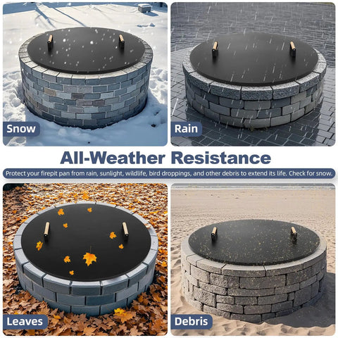 Round 38 Inch Fire Pit Lid Cover With Wooden Handles For Patio Fire Pits Heavy Duty Rust Resistant 1.5mm Metal Lid All Season Protection Outdoor Fire Pit Accessory shown in different weather conditions: snow, rain, leaves, debris