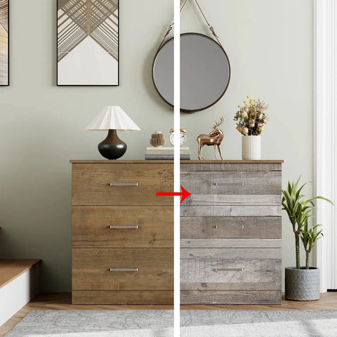 Wood Peel And Stick Wallpaper Plank Vinyl Roll For Walls Self Adhesive Shiplap Look Vintage Rustic Home Decor DIY Renovation 17.7 By 393 Inches Easy Install No Fuss applied on a dresser in a living room setting.