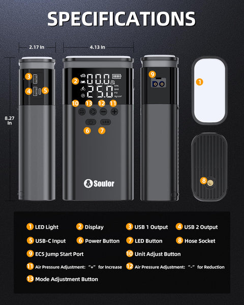Diagram of Beefy 6000A Jump Starter With Air Compressor For Cars And 14L Diesel Engines showing components and specifications.