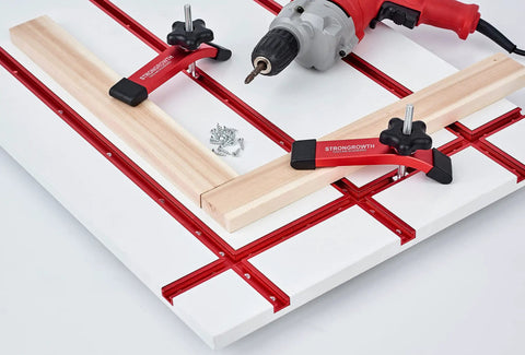 Universal 48 Inch T Track With Easy Install Predrilled Mounting Holes And Wood Screws Double Cut Profile Sandblasted Anodized Red Finish 4 Pack with clamps on DIY workbench