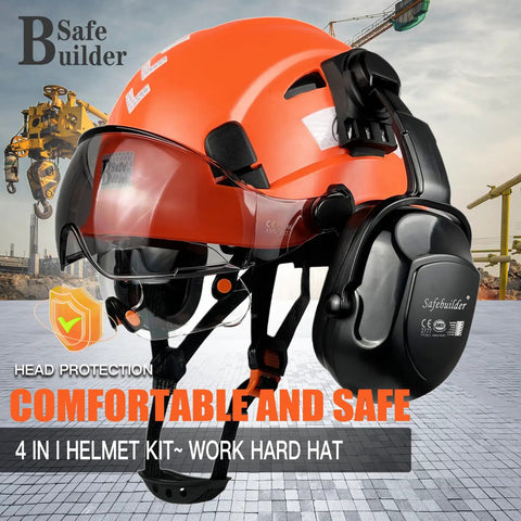 Orange Construction Safety Helmet With Clear And Tinted Visors And Earmuffs Hearing Protection, Six Point Suspension