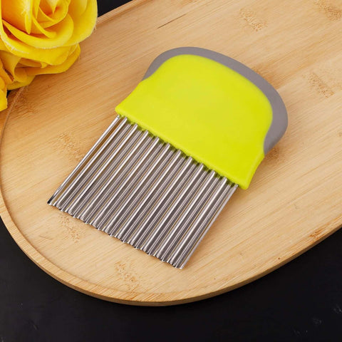 Crinkle cutter knife with yellow handle and gray grip; stainless steel comb blade for slicing vegetables into fries.
