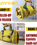 Heavy Duty Roll Up Tool Organizer With Six Pouches for tradesmen, folded compact for easy carrying and hanging, durable 1000D fabric.