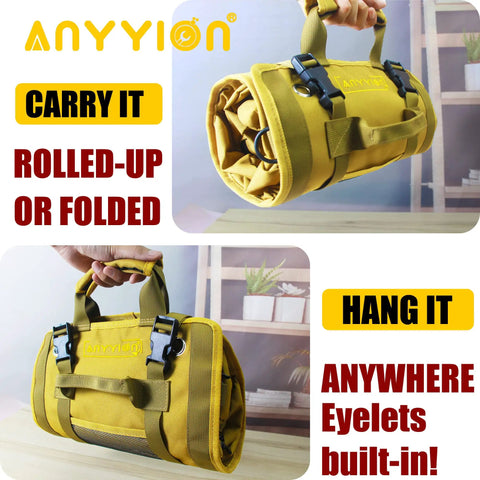 Heavy Duty Roll Up Tool Organizer With Six Pouches for tradesmen, folded compact for easy carrying and hanging, durable 1000D fabric.