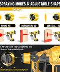 Cordless HVLP paint sprayer with three adjustable spraying modes: round, horizontal, and vertical, shown on wood.