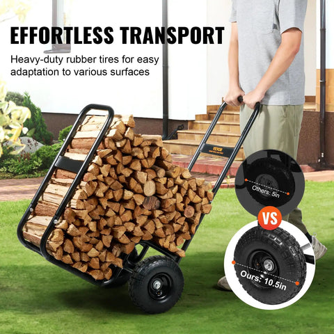 Person using Heavy Duty Log Cart Built Tough For Firewood Up To 250 Lbs With Pneumatic Wheels And Elevated Guardrails