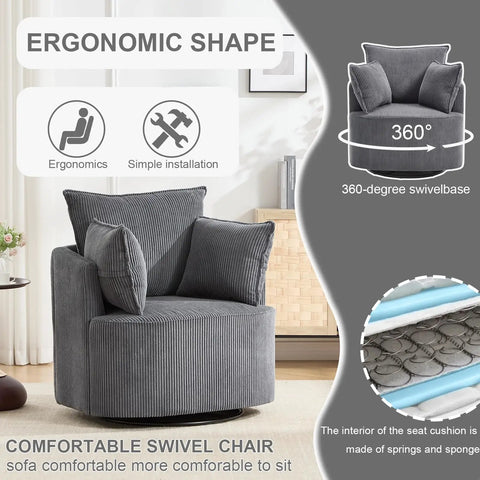 360 Degree Swivel Accent Chair In Corduroy Gray, Upholstered Barrel Reading Chair With Reclining Armchair For Living Room, Bedroom, Office Or Apartment, Modern Cozy And Versatile