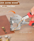 Pliers tool from Pro Grade Leather Rivets Snap Buttons And Fasteners Kit with 40 sets and 160 rivets on leather surface.