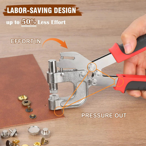Pliers tool from Pro Grade Leather Rivets Snap Buttons And Fasteners Kit with 40 sets and 160 rivets on leather surface.