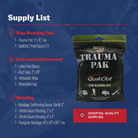 Adventure Medical Kits Trauma Pak first aid kit in black pouch with QuikClot sponge, front view