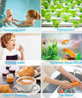 Image illustrating uses of Digital pH Meter Tester Pen With 0.01 Precision, covering swimming pool, hydroponics, drinking water, aquarium.