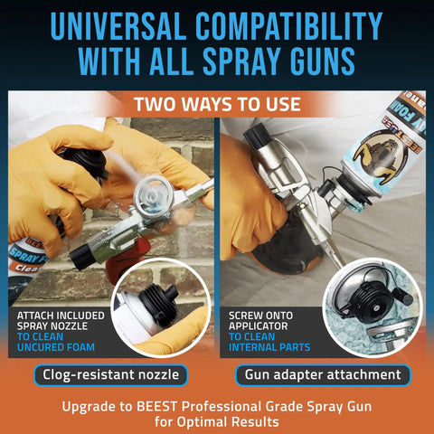 Pro Grade Spray Foam Cleaner And Polyurethane Applicator Restorer Featuring Fast Cut Solvent To Sweep Sticky Messes Boost Tool Life And Keep Diy Tasks Rolling Smooth In Two Pack Cans, showing spray cleaner use on tools.