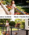 Badass Eight Foot Black Aluminum Handrail With Hella Tough Powder Coated Finish And All The Mounting Hardware You Gonna Need Plus Smooth Nylon Ends For Outdoor Decks, viewed on a stylish outdoor deck with vibrant flowers.