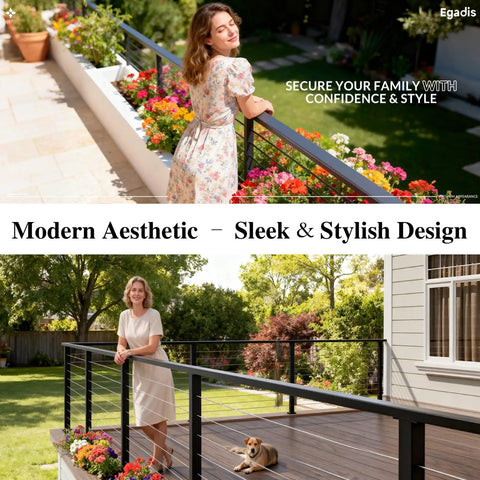 Badass Eight Foot Black Aluminum Handrail With Hella Tough Powder Coated Finish And All The Mounting Hardware You Gonna Need Plus Smooth Nylon Ends For Outdoor Decks, viewed on a stylish outdoor deck with vibrant flowers.