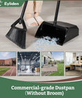 Large Upright Commercial Dustpan With Comb Teeth For Hair And Debris Cleanup beside broom on floor