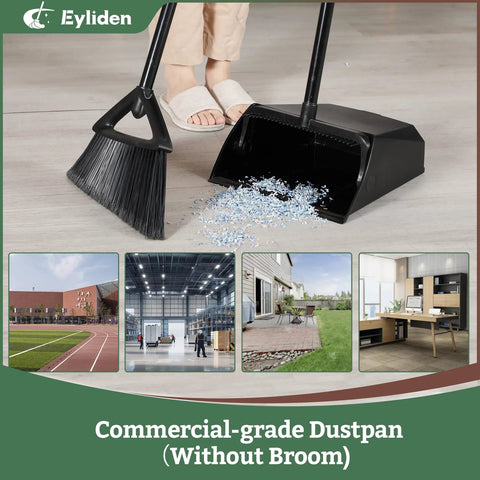 Large Upright Commercial Dustpan With Comb Teeth For Hair And Debris Cleanup beside broom on floor
