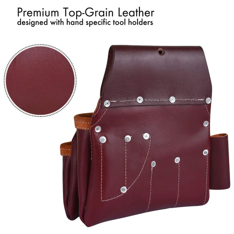 Close up of maroon leather tool pouch from Leather Tool Belt For Men Heavy Duty Work Belt With 19 Pockets And 2 Pouches Double Hammer Holder Foam Padded Belt With Suspender Loops A Real Workhorse For Framers And Electricians, showing pocket design and rivets.