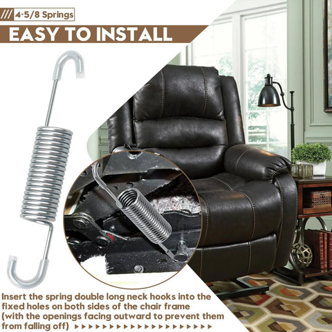Heavy Duty Tension Spring Replacement For Recliner Sofa And Couch Chairs Quick Homebody Fix 4-5/8 Inch Overall Length Durable steel coil spring installed in recliner.