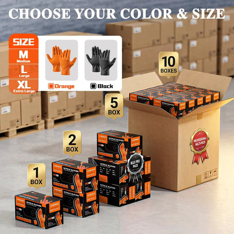 Heavy Duty 10 Mil Nitrile Gloves With Diamond Grip Latex Free Chemical Resistant Orange Disposable Mechanic Gloves For Oil, Automotive And Industrial Work Extra Large boxes displayed