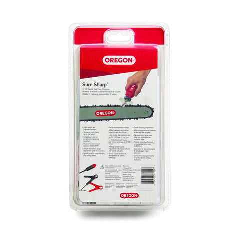 Sure Sharp 12V Handheld Electric Chainsaw Chain Grinder And Sharpener packaging in plastic case with red and white branding.