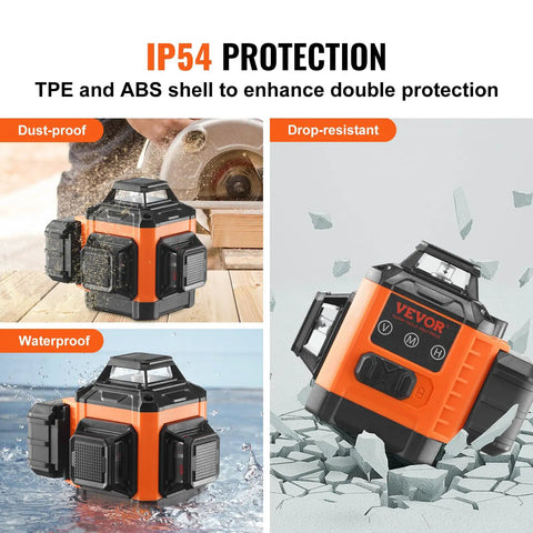 100ft Green Self Leveling Laser Level With 3 X 360 Degree Cross Lines showing dust-proof, waterproof, and drop-resistant features