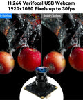 Comparison image showing H.264 Varifocal USB Webcam with 1920x1080 resolution capturing apples underwater with 30fps.