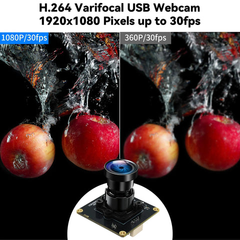 Comparison image showing H.264 Varifocal USB Webcam with 1920x1080 resolution capturing apples underwater with 30fps.