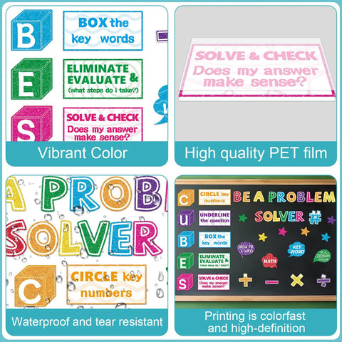 41 Piece Math Bulletin Board Set With Cubes And Math Keywords Paper Cutouts For Summer Classroom features vibrant colors and durable PET film.
