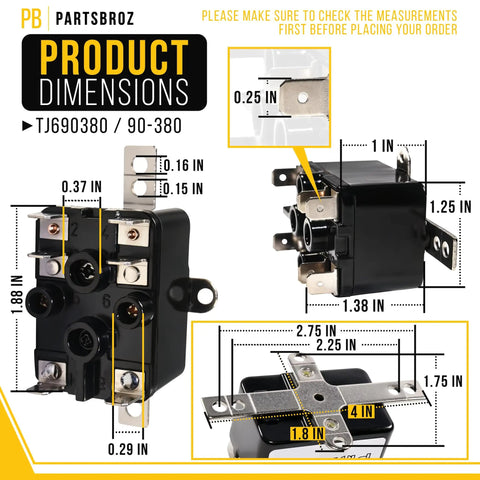 TJ690380 90 380 Fan Relay For White Rodgers HVAC Systems with dimensions and connectors visible