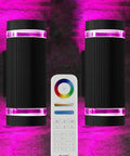 Outdoor Up And Down Wall Light With Lit RGB Color Changing LEDs 12W 1200 Lumens White 2700K To 6500K Nine Modes RGB CCT ETL Listed Exterior Lighting Pack Of 2 showing pink light effect with remote control