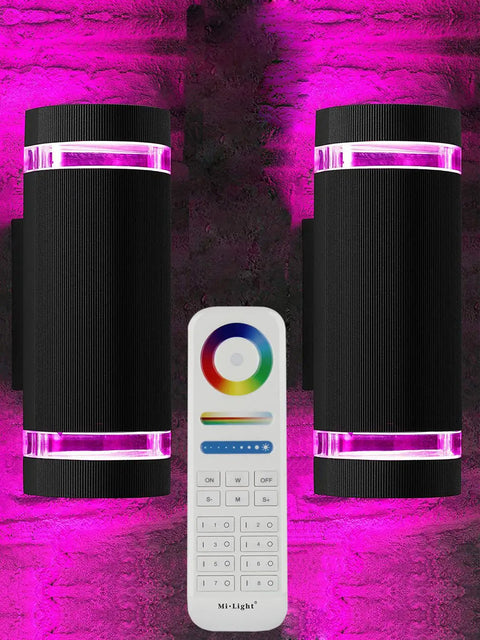 Outdoor Up And Down Wall Light With Lit RGB Color Changing LEDs 12W 1200 Lumens White 2700K To 6500K Nine Modes RGB CCT ETL Listed Exterior Lighting Pack Of 2 showing pink light effect with remote control