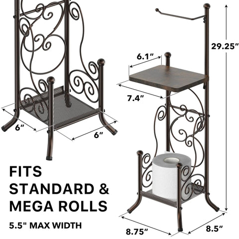 English Style Toilet Paper Stand With Shelf In Bronze Finish Free Standing No Tools Needed Holds Up To 4 Rolls Standard Double Mega