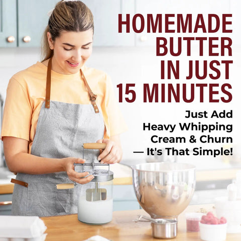 Effortless Hand Crank Butter Churner Fits Classic Mason Jars For Rustic Kitchen Vibes and Making Real Homemade Sweet Cream That The Whole Family Totally Freaks Out Over Daily in use with heavy whipping cream.