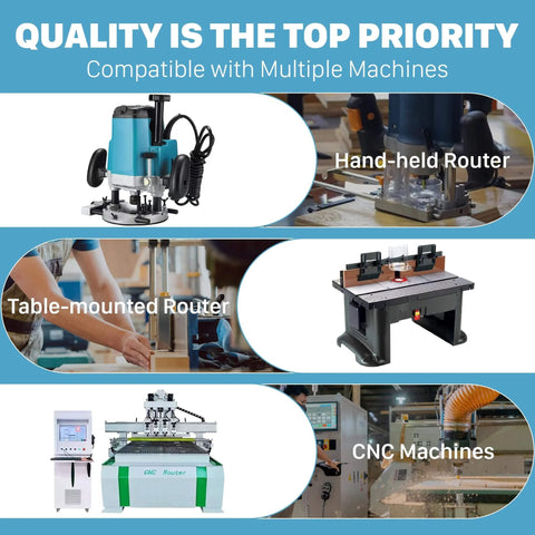 Different types of routers including handheld, table-mounted, and CNC machines, highlighting versatility for woodworking tasks.