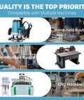 Various router types including hand-held, table-mounted, and CNC machines for woodworking compatibility.