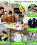 Front view of white 58mm button maker machine with kids crafting colorful badges on a table