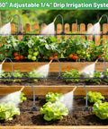360 Degree Adjustable Drip Irrigation System with Bendable Misting Nozzles watering raised garden beds with vegetables