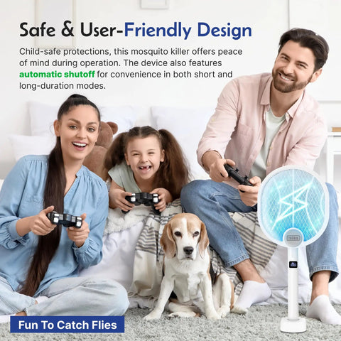 Family sitting on couch with dog, playing video games with 2 In 1 Electric Bug Zapper And Indoor Fly Swatter, product on display.
