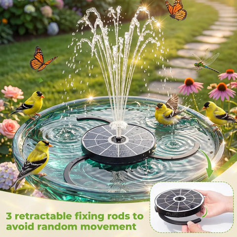 Upgraded 3.7W Glass Solar Panel Bird Bath Fountain Pump With Integrated Bracket And Storage Perfect For Garden Pond Aquarium And Outdoor Use Delivers Strong Sun Powered Water Spray And No Fuss Setup in a bird bath with birds and flowers.